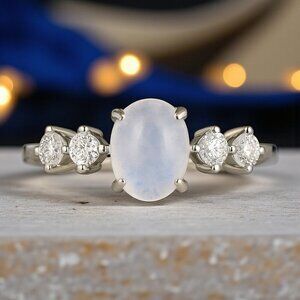Moonstone Minimalist Ring S925 Sterling Silver Genuine Gemstone CZ Stones